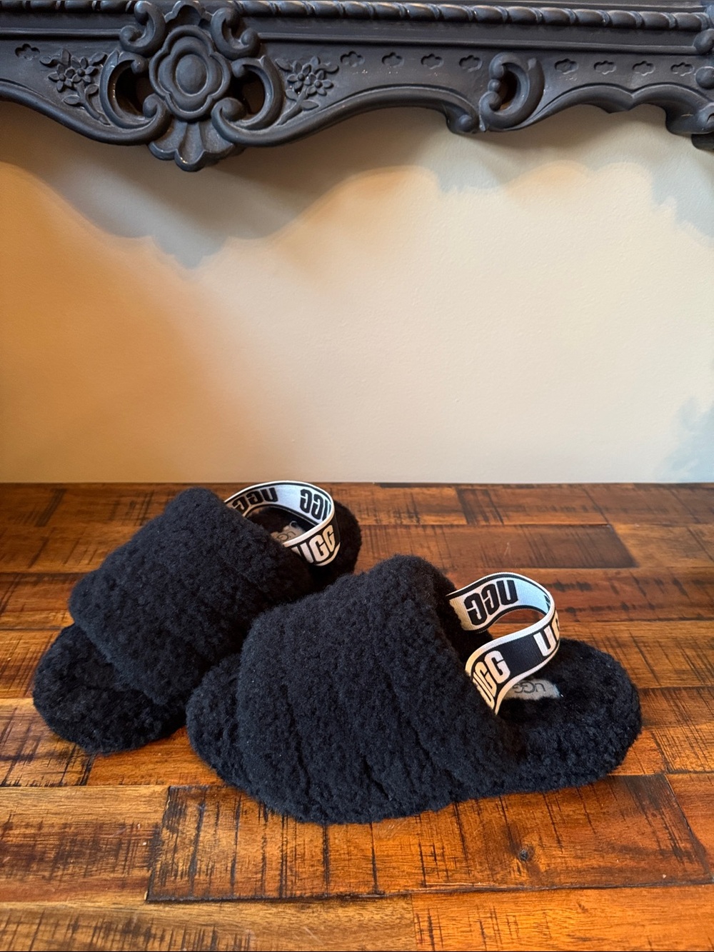 UGG Black Fuzzy Slide Sandals with Branded Heel Strap